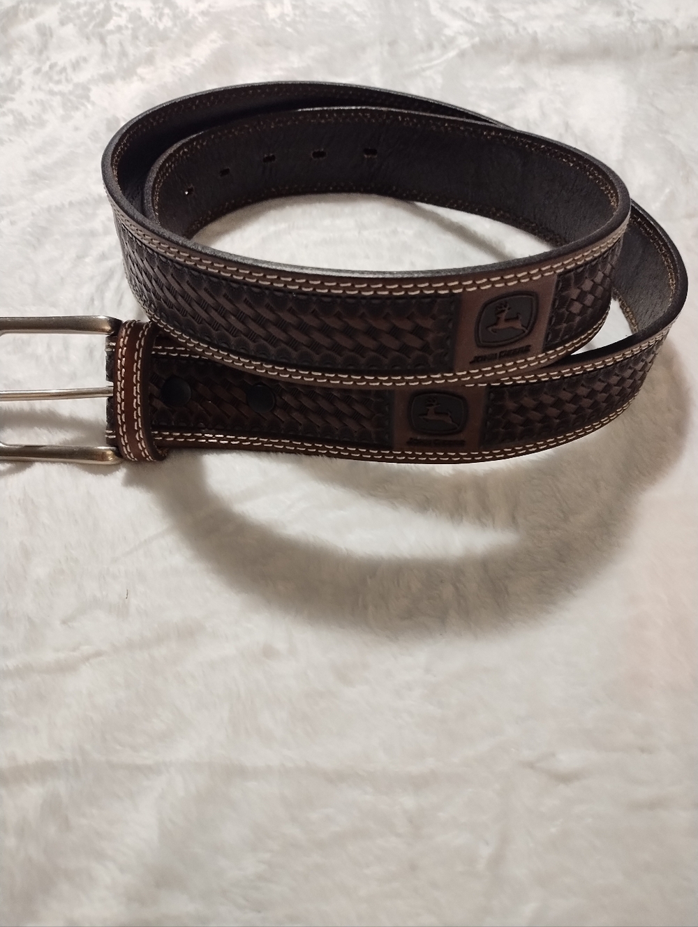 John Deere Dark Brown Braided Leather Men's Belt with Logo Accents